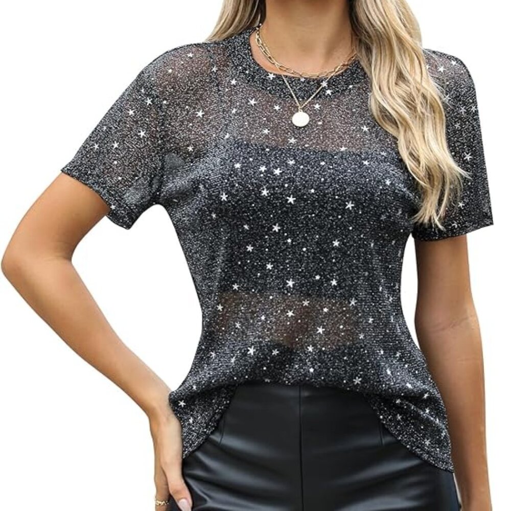 Womens Plus XXL Nashville Mesh Sheer Glitter Star Top
